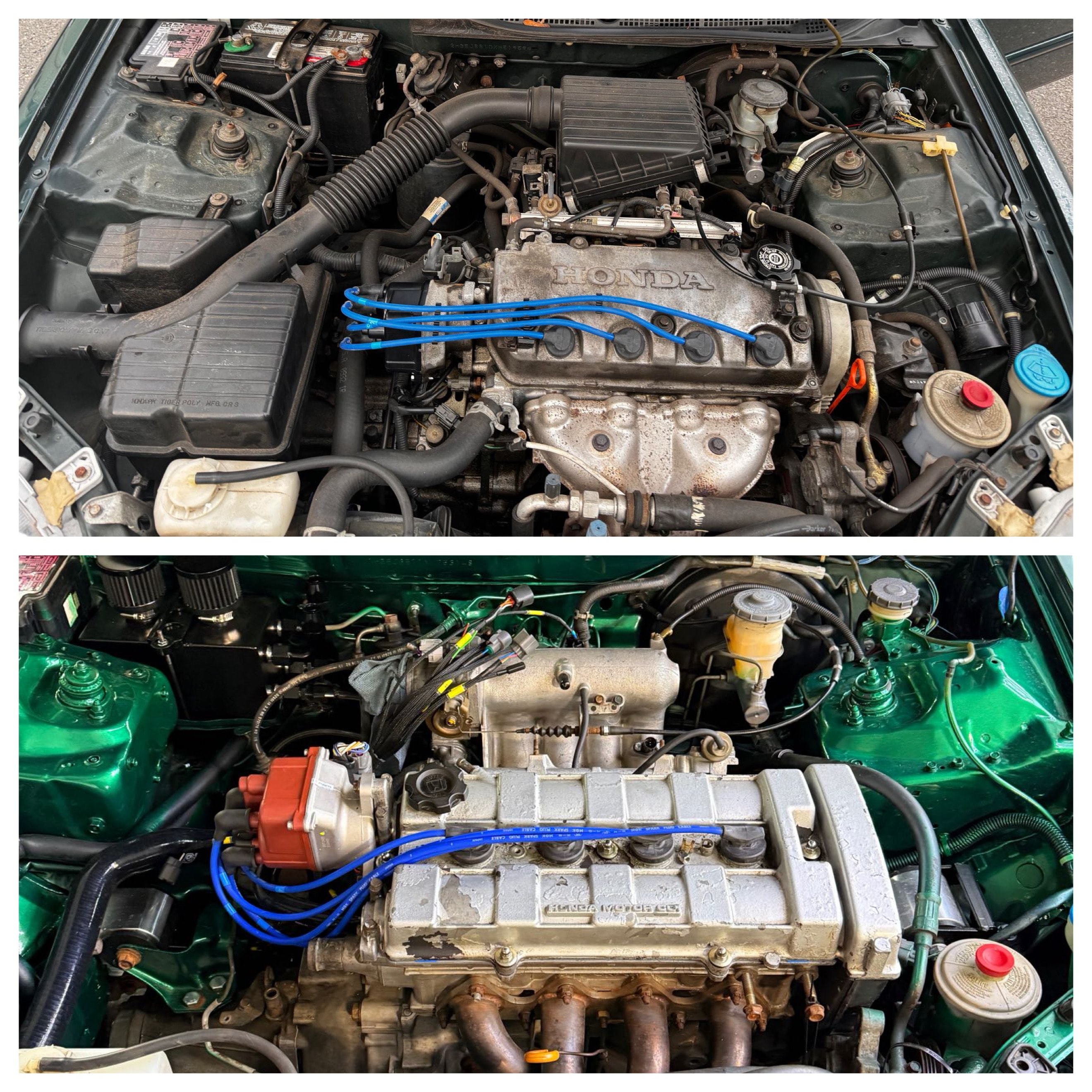 Honda B18B1 engine bay — before and after the swap